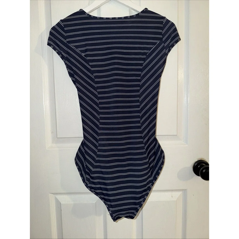 Athleta Swimsuit French Stripe Navy Blue Tie Front Cut Out One Piece Size L